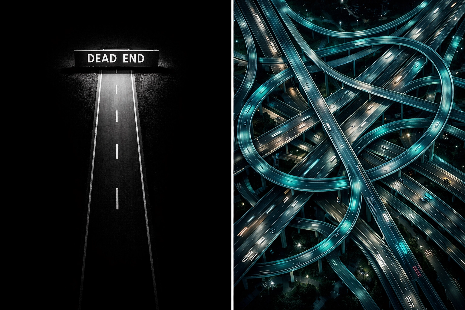 Linear workflow dead-end road versus compounding AI automation highway interchange system comparison