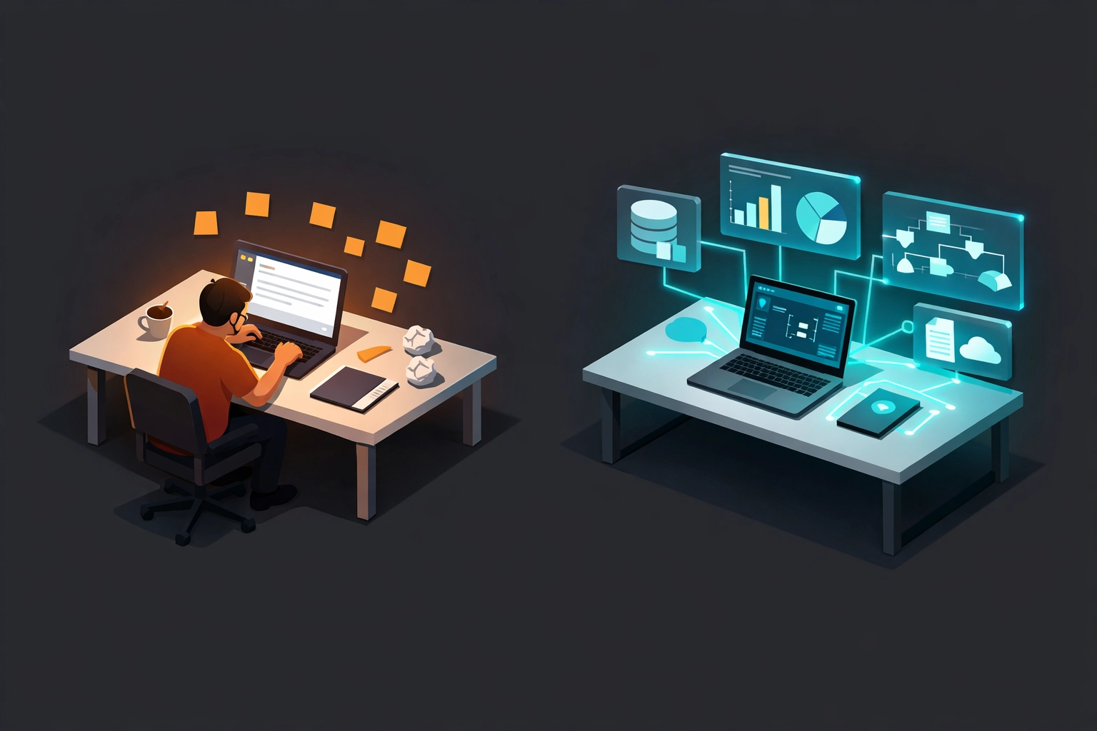 AI-assisted vs AI-enabled workspace comparison showing isolated manual prompts versus integrated automated systems