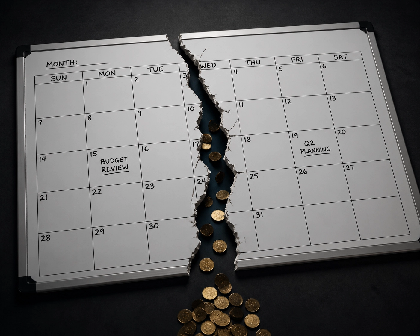 Whiteboard calendar with coins falling through a crack, showing profit loss from manual HVAC scheduling software.