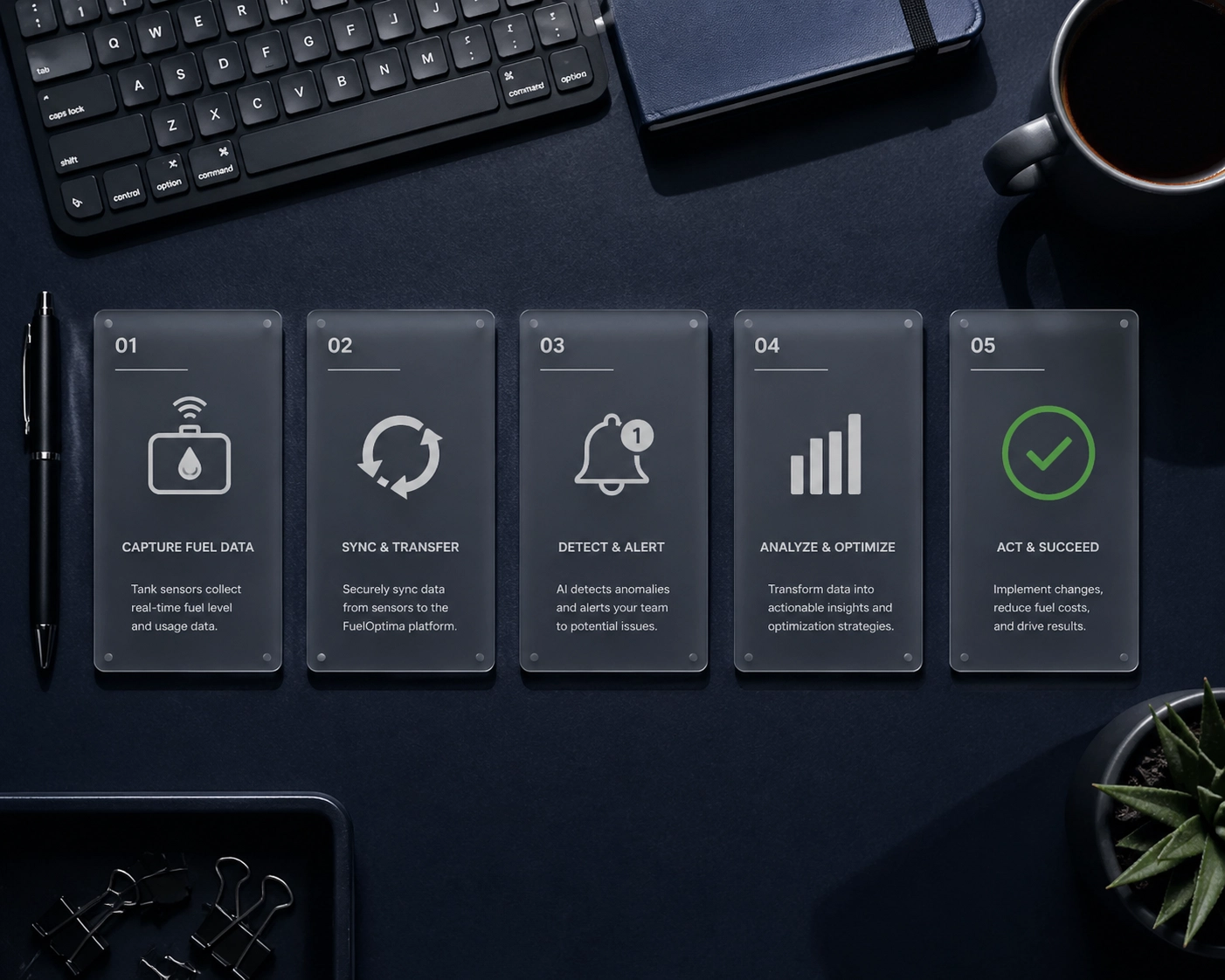 Five step process cards showing how to implement a fleet fuel monitoring system and analytics software workflow.