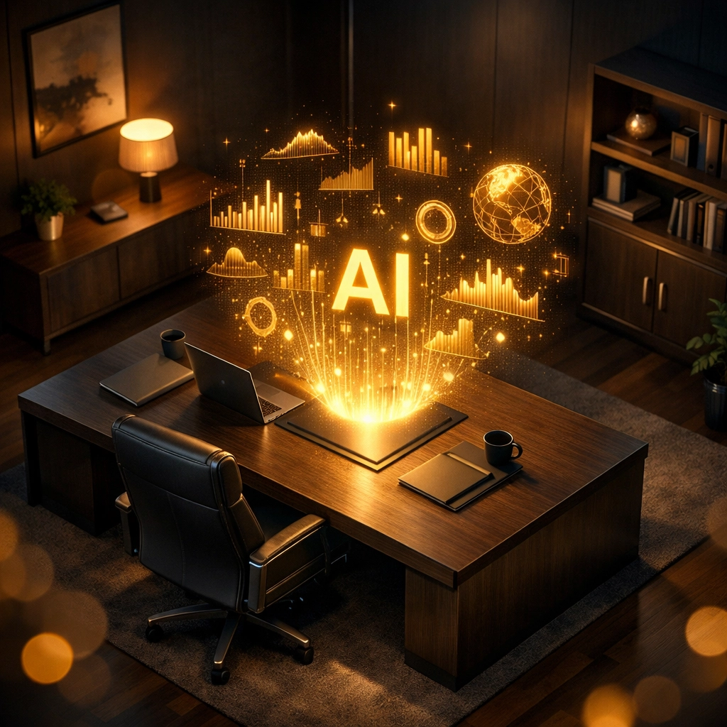 Modern CEO office with AI tools for strategic planning and operational management