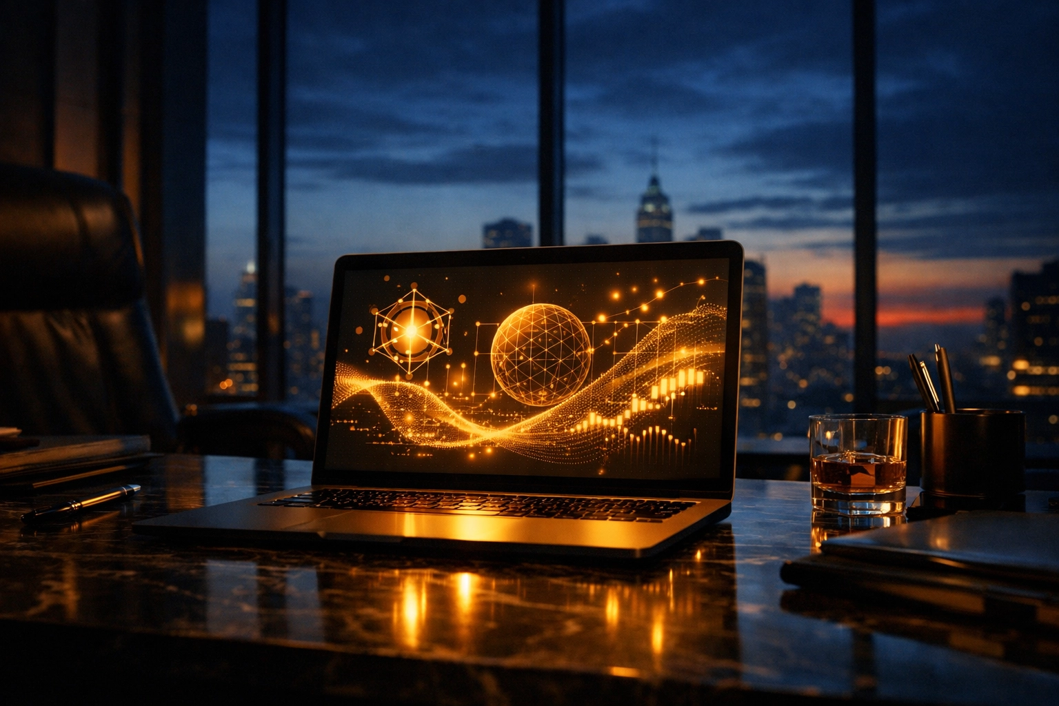 Executive workspace with AI-powered insights and analytics on laptop screen at dawn