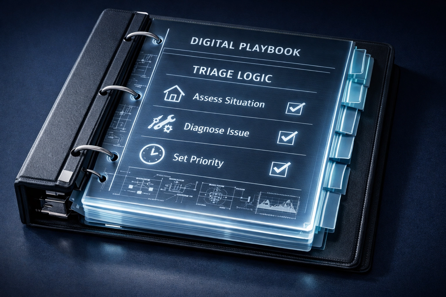 A digital HVAC operations playbook showing automated service triage and business system checklists.