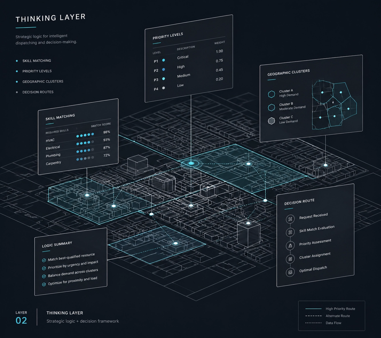 Strategic fleet route optimization map with dispatching logic for technician scheduling.
