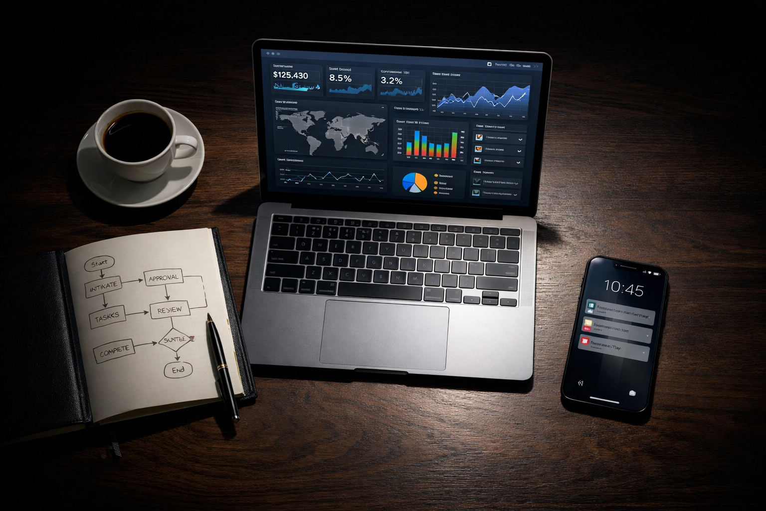 Executive workspace displaying AI dashboards and manual workflow coordination