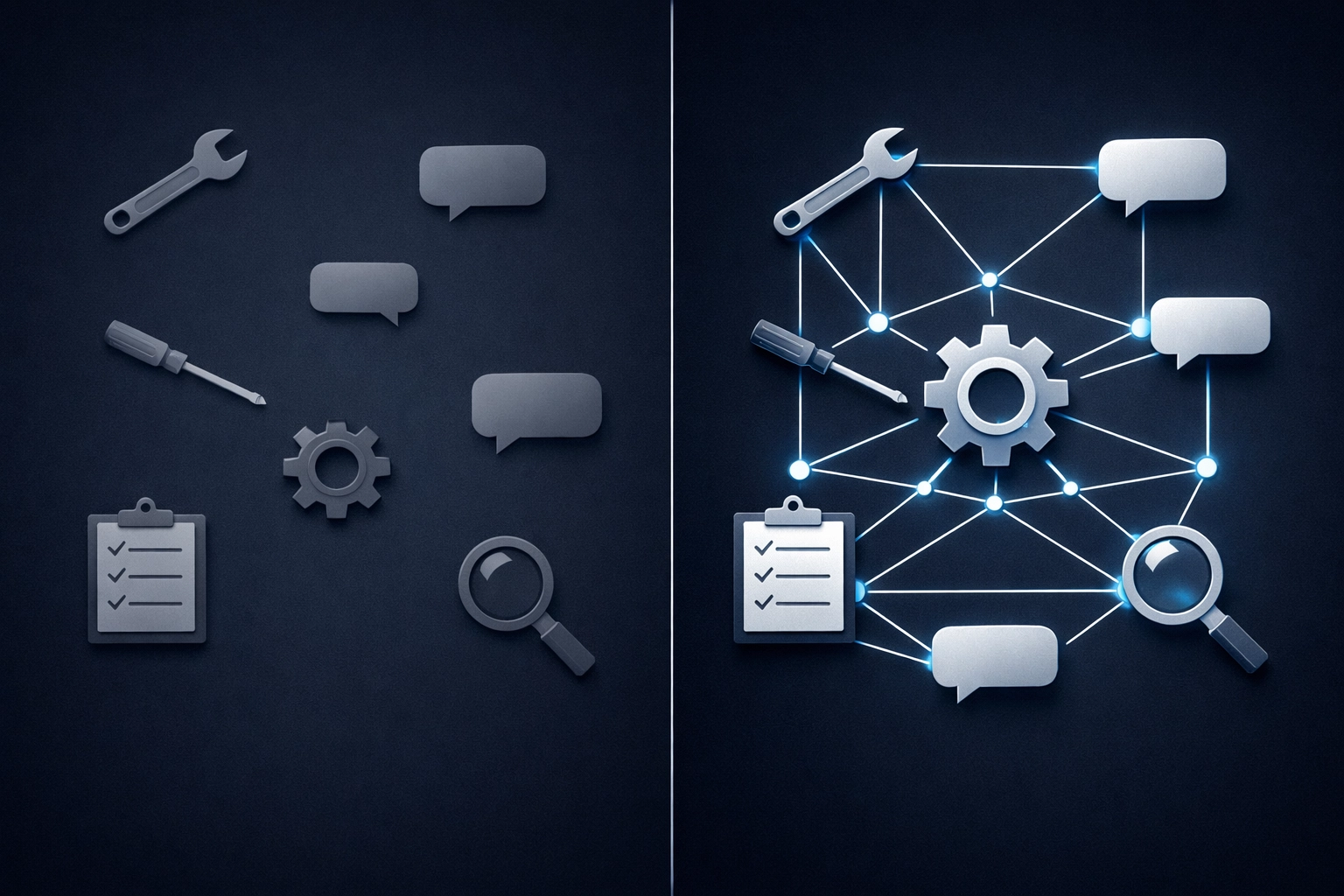 Comparison of disconnected AI tools versus integrated organizational AI architecture