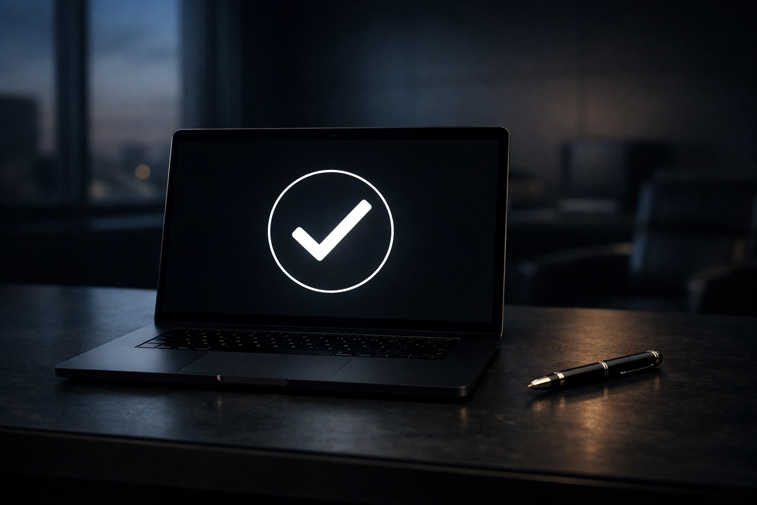 Minimalist office with a laptop showing an active executive AI chief of staff system.