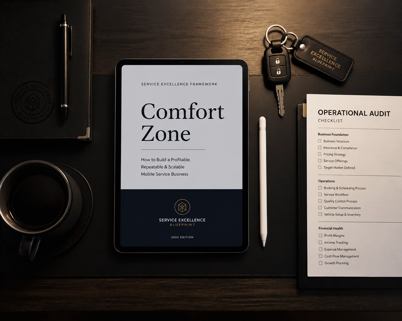 The Comfort Zone HVAC AI playbook on a tablet with service van keys and an operational audit checklist.