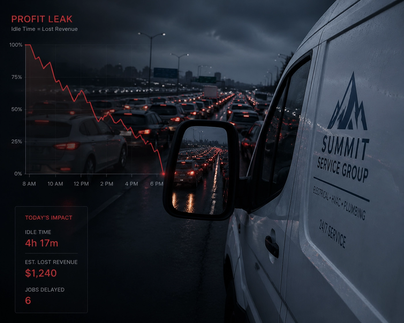 HVAC service van stuck in traffic with a declining profit line graph showing operational losses.