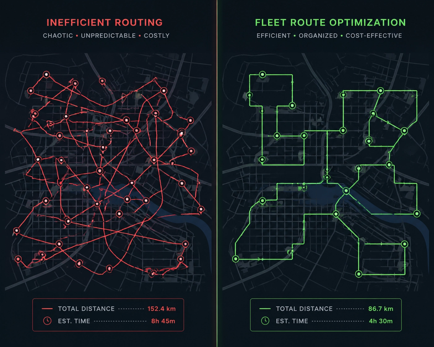 Side-by-side map comparing inefficient driving paths with AI fleet route optimization strategies.