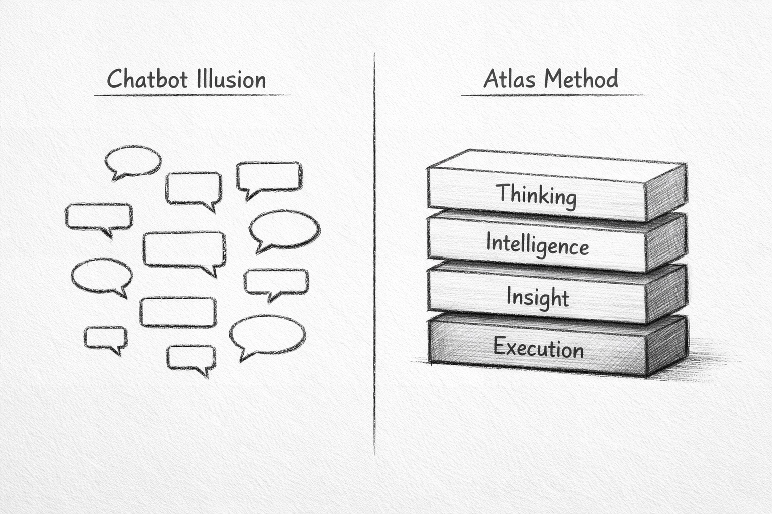 A charcoal minimalist diagram contrasting the 'Chatbot Illusion' (scattered chat bubbles) with the Atlas Method layered structure (Thinking, Intelligence, Insight, Execution).